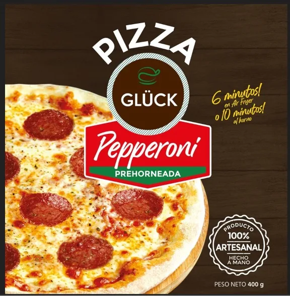 Empaque de Pizza Pepperoni prehorneada Glück, producto 100% artesanal